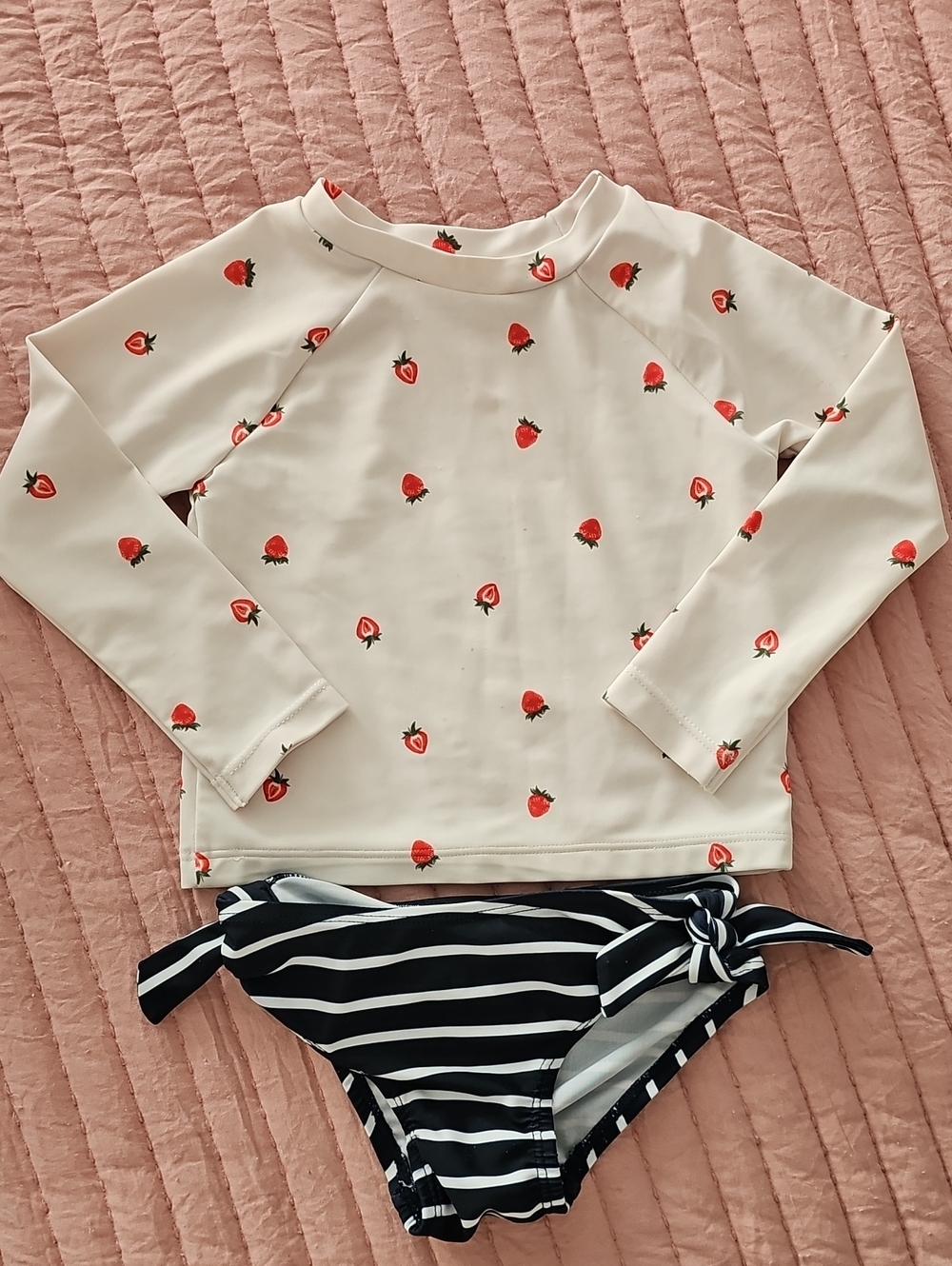 Kids Long Sleeve Rash Guard Swim Set - Cream Strawberry Print Baby 18-24 Month
